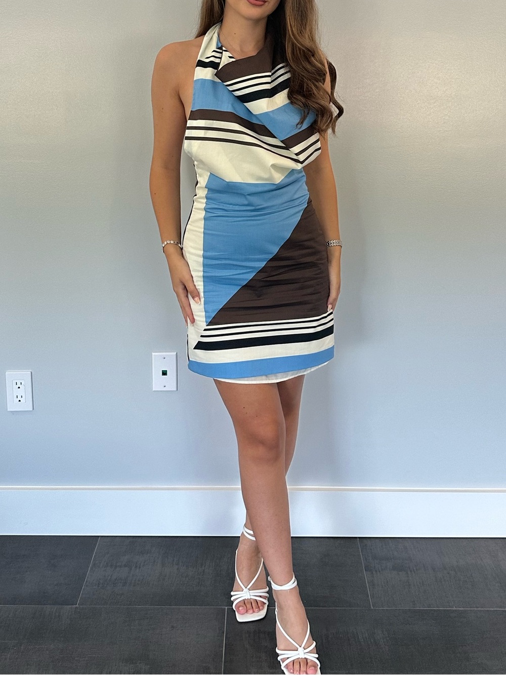 Striped Poplin Halter Mini short Dress in Blue and Brown sleeveless open back